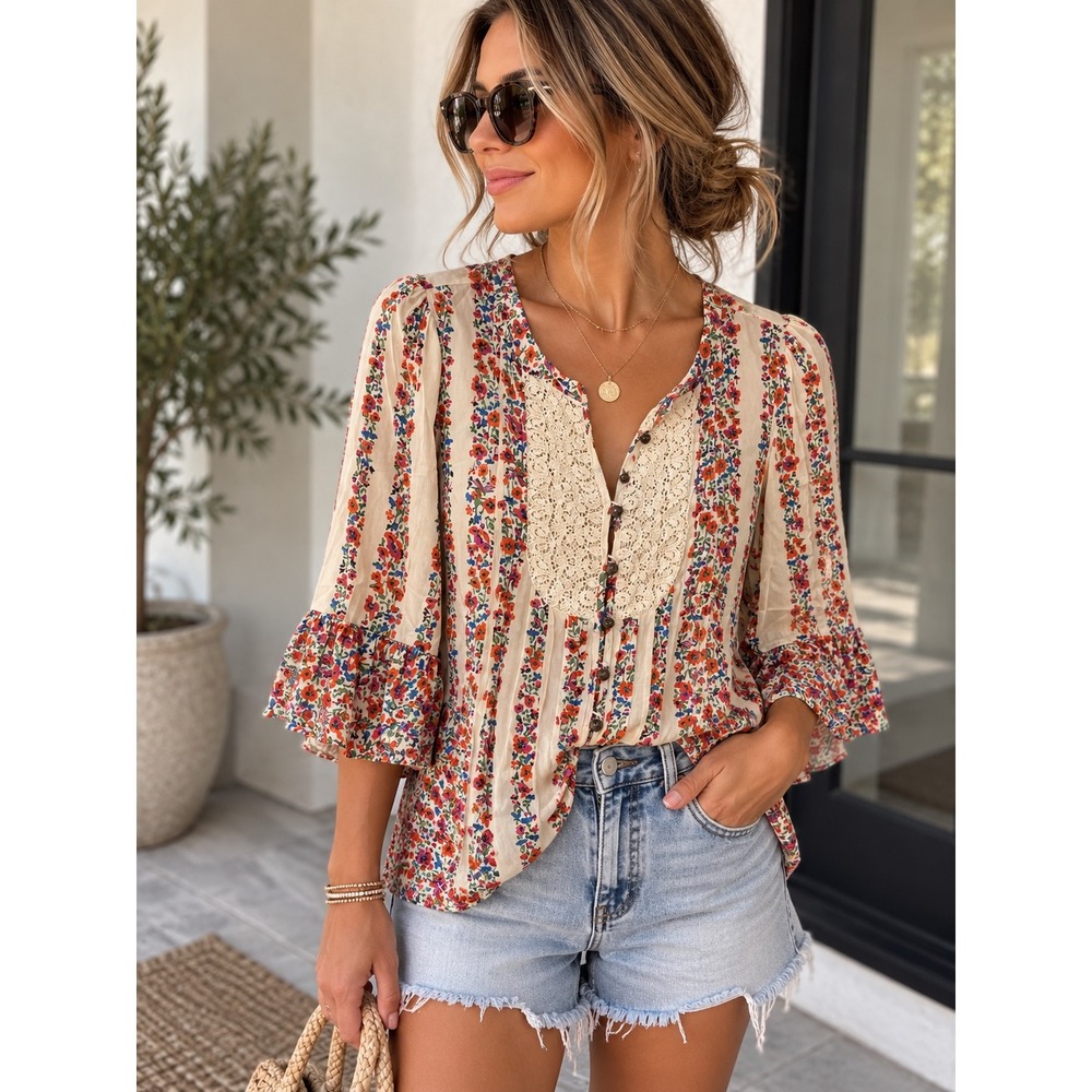 Maeve Anthropologie Floral Crochet Lace Bib Bell Sleeve Blouse Top Ivory 6